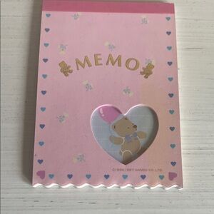 1987 Sanrio Pink and Gold Memo Pad with Bear and Heart Design